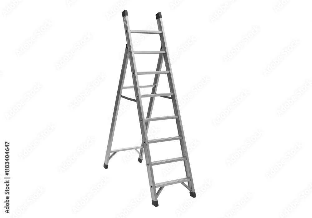 Silver metal ladder, isolated on white background, front angled view, no depth of field, sharp. Silver metal ladder, isolated on white background, front angled view, no depth of field, sharp.