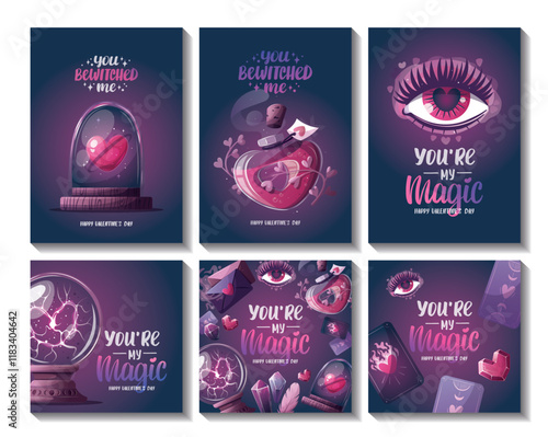 Valentine's Day card set with magic ball, love potion, crystals, love letter, heart in a glass dome, tarot cards, love eye. Romantic, magic love, 14 February concept, Vector illustrations.