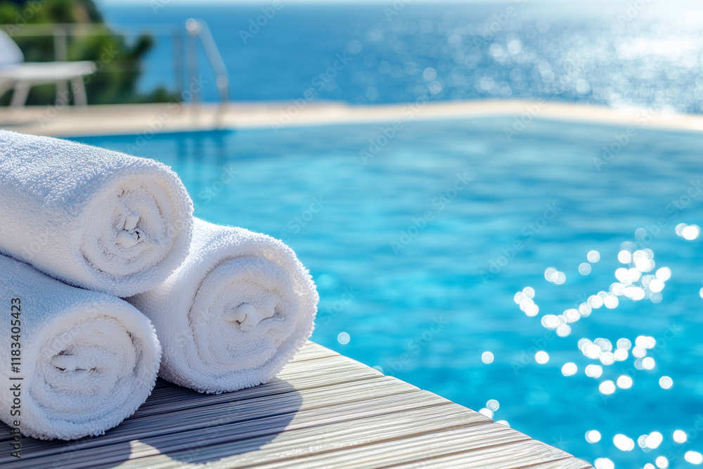 Obraz premium Three white towels are stacked on a wooden deck next to a pool. The towels are neatly folded and arranged in a way that they look like they are ready for use. The pool is surrounded by a deck