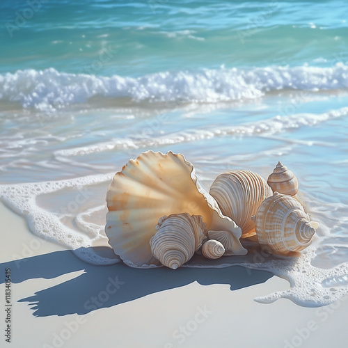 Shell Collection on Serene Beach Background photo