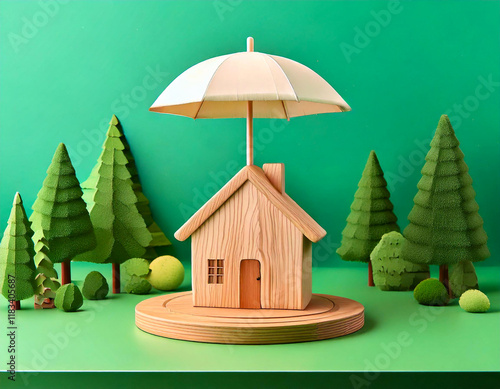 Generated Image, Model of umbrella with house on wooden table concept of the system of insurance savings and Housing insurance against impending loss and fire, building fire insurance concepts.