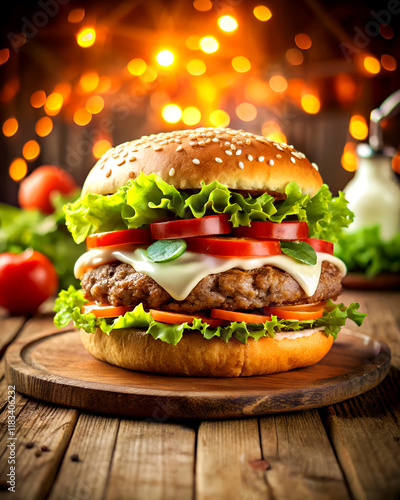 A mouthwatering 4K image of a Whopper-style burger with a flame-grilled beef patty, fresh lettuce, ripe tomatoes, pickles, onions, and a sesame seed bun.