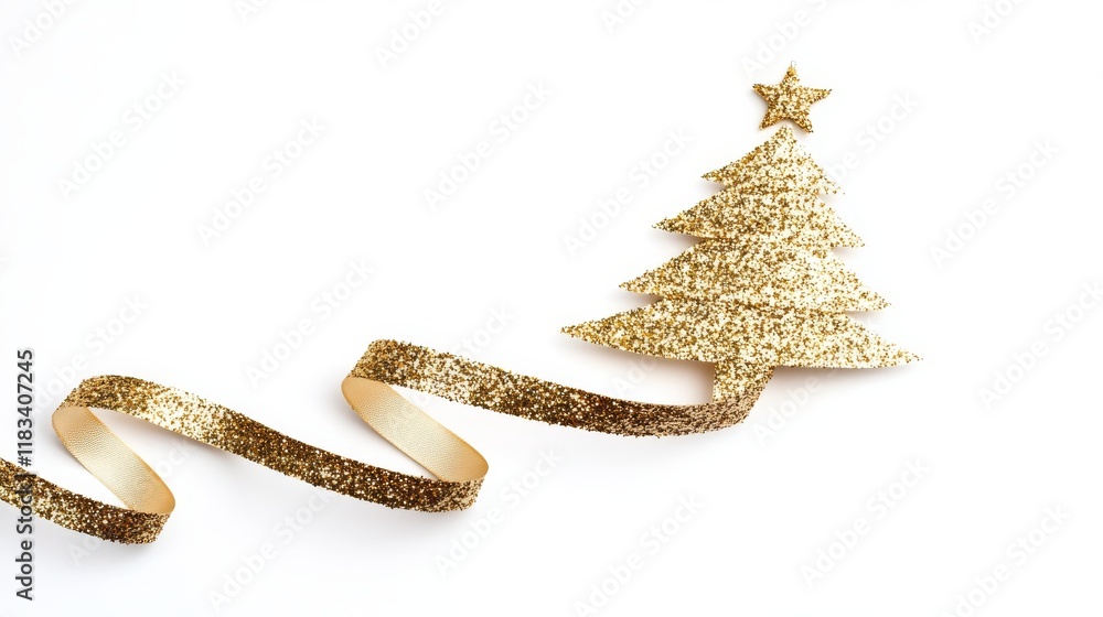 Golden Glitter Christmas Tree Adorned with Ribbon on White Background Golden Glitter Christmas Tree Adorned with Ribbon on White Background