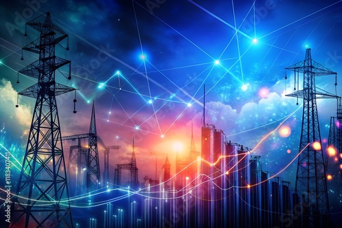 abstract technology background featuring dynamic stock market business data and vibrant electric pole energy industry imagery
