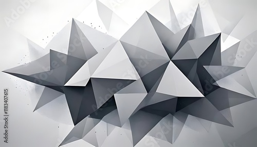 This digital artwork features overlapping geometric triangles in shades of gray and white. photo