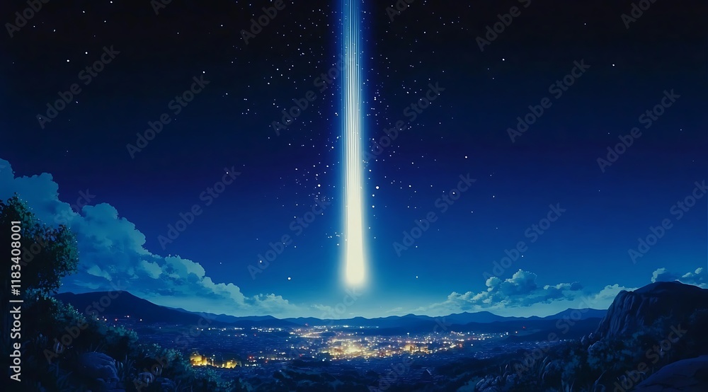 Fototapeta premium A white beam of light shines down on the dark blue sky abstract background