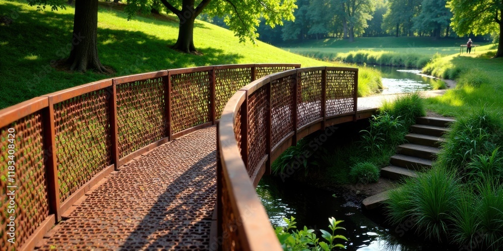 Rustic Metal Footbridge Over a Serene Stream in a Lush Green Park Rustic Metal Footbridge Over a Serene Stream in a Lush Green Park