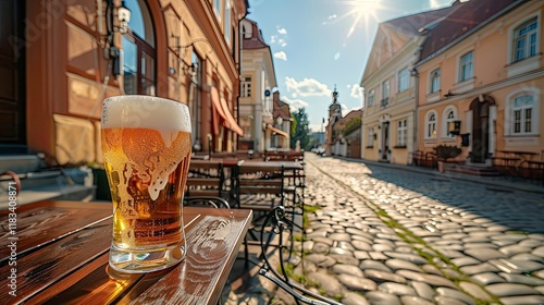Fototapeta Naklejka Na Ścianę i Meble -  Hyperrealistic and detailed image of the terrace of a traditional bar, with tables and chairs, on a street in the center of Lithuania, on a sunny and pleasant afternoon