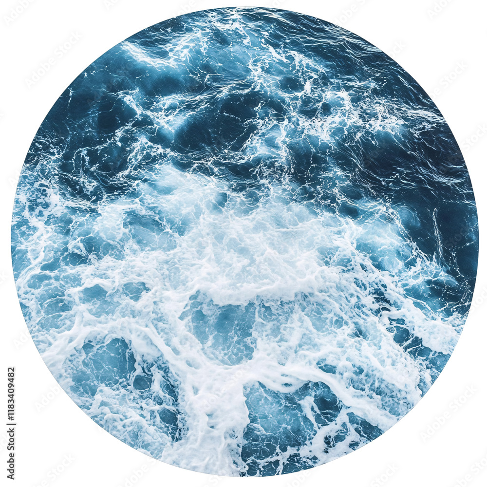 A circular shape depicting the ocean with waves, set against a white background with blue and dark blue colors
