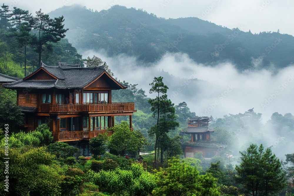Fototapeta premium Traditional Wooden House or Lodge on Misty Mountain Slope in Lush Green Forest