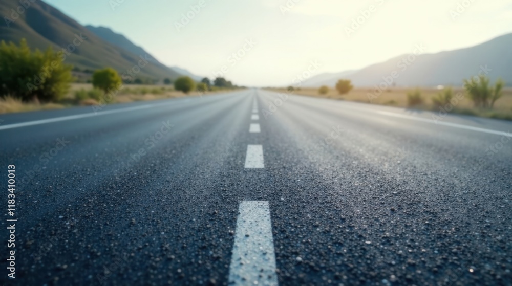 Asphalt Road Stretching Towards a Distant Mountain Range on a Sunny Day Asphalt Road Stretching Towards a Distant Mountain Range on a Sunny Day