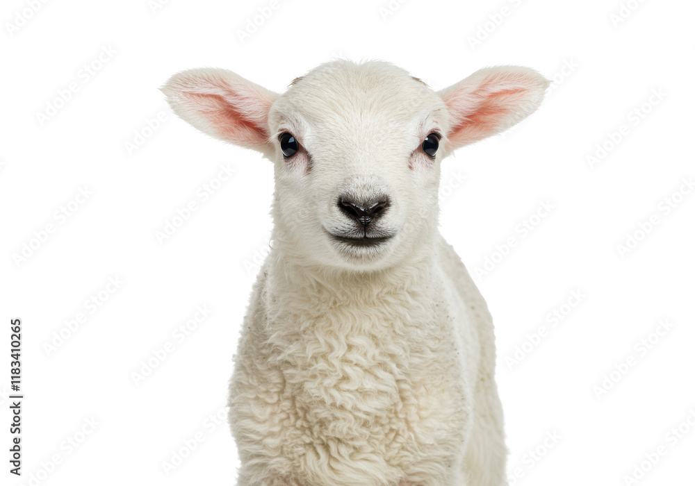 A young lamb with soft wool and curious expression, isolated on white background A young lamb with soft wool and curious expression, isolated on white background