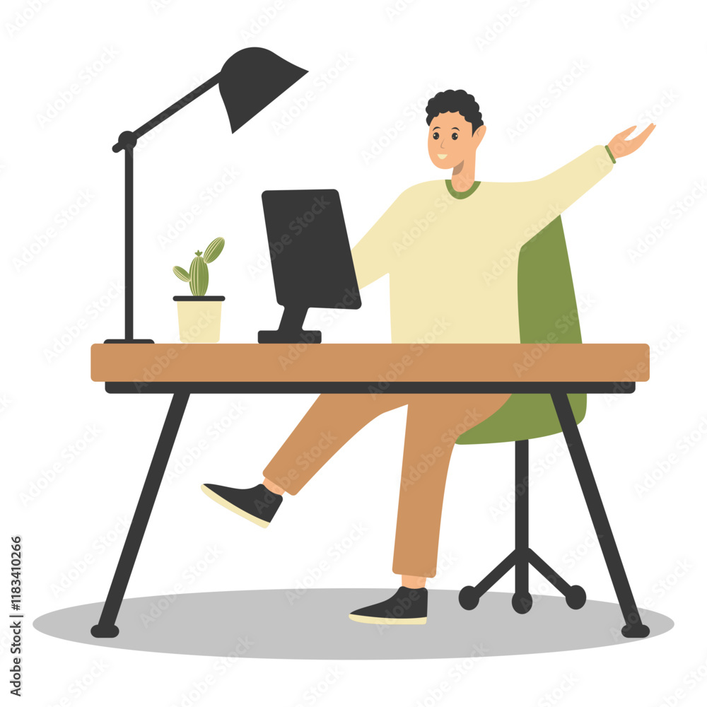 Fototapeta premium Happy People Programmer Working at Home. Vector Illustration