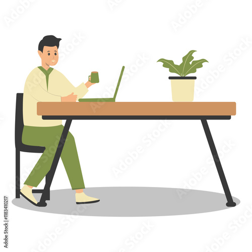 Happy People Programmer Working at Home. Vector Illustration