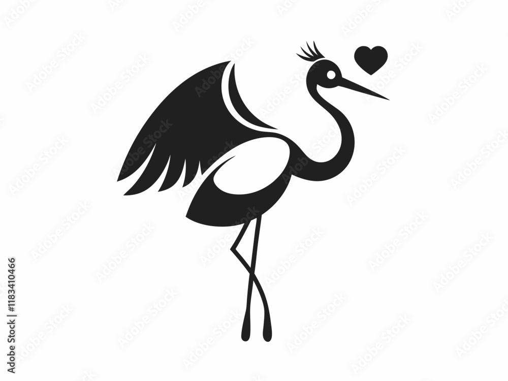 Fototapeta premium Black and white illustration, stylized stork silhouette, long-legged bird, elegant pose, heart-shaped pendant in beak, wings spread, minimalist design, graphic art style, simplified shapes, iconic sym