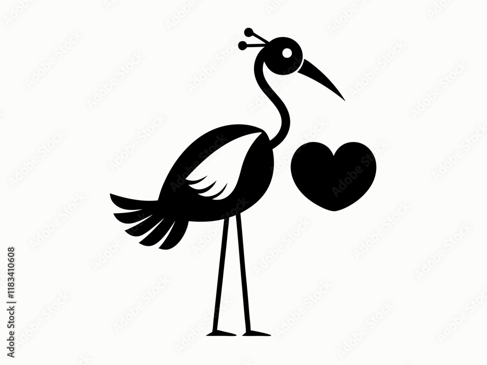 Fototapeta premium Black and white illustration, stylized stork silhouette, long-legged bird, elegant pose, heart-shaped pendant in beak, wings spread, minimalist design, graphic art style, simplified shapes, iconic sym
