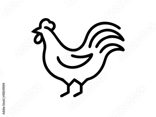 Simple line drawing, minimalist chicken illustration, black and white, bold outlines, stylized bird, side view, single stroke artwork, clean design, graphic icon, farm animal silhouette, simplified sh