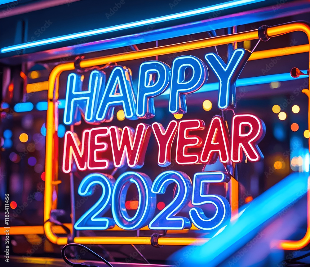 Fototapeta premium Happy New Year 2025 neon lettering.