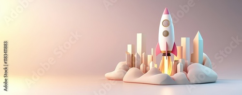 rocket growth minimal concept. A colorful rocket launching amidst stylized crystal formations on a soft landscape.