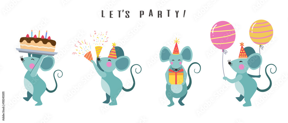 Fototapeta premium Happy birthday collection with mouse cartoon character. Birthday party vector illustration for greeting card, invitation, event, poster, sticker, prints.
