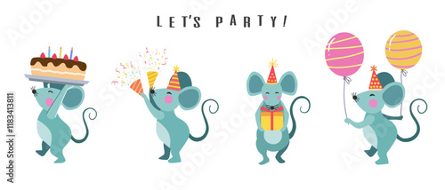 Happy birthday collection with mouse cartoon character. Birthday party vector illustration for greeting card, invitation, event, poster, sticker, prints.