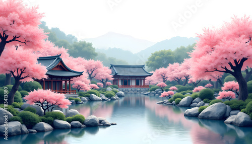 Vector illustration of traditional Japanese garden with sakura trees and tea house.
