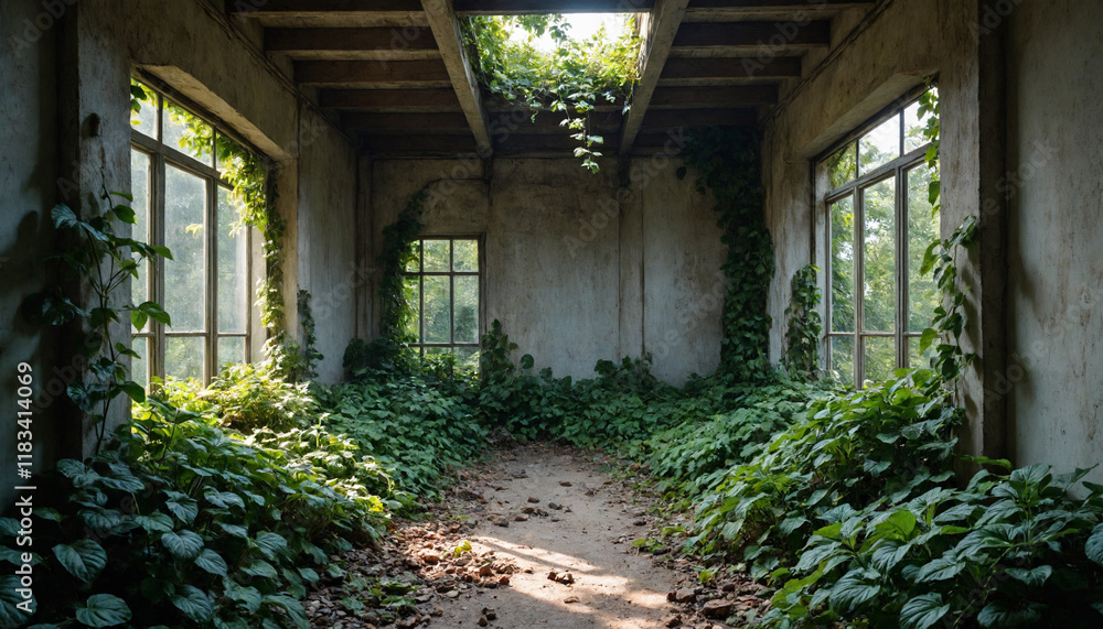 Obraz premium Abandoned room Interior transformed by vibrant green vegetation with natural sunlight with copy space