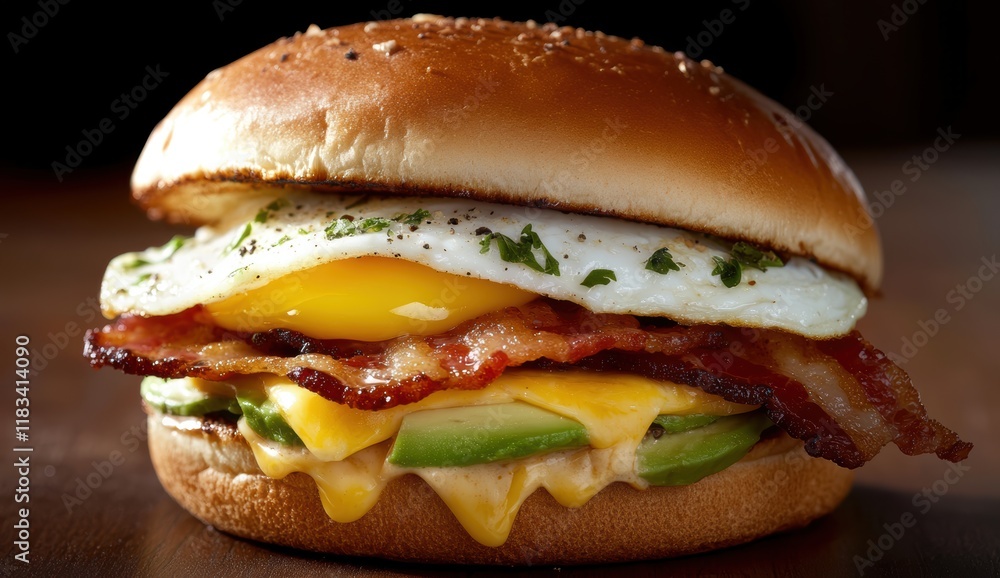 Golden-brown burger bun with an egg, bacon, and avocado. Golden-brown burger bun with an egg, bacon, and avocado.