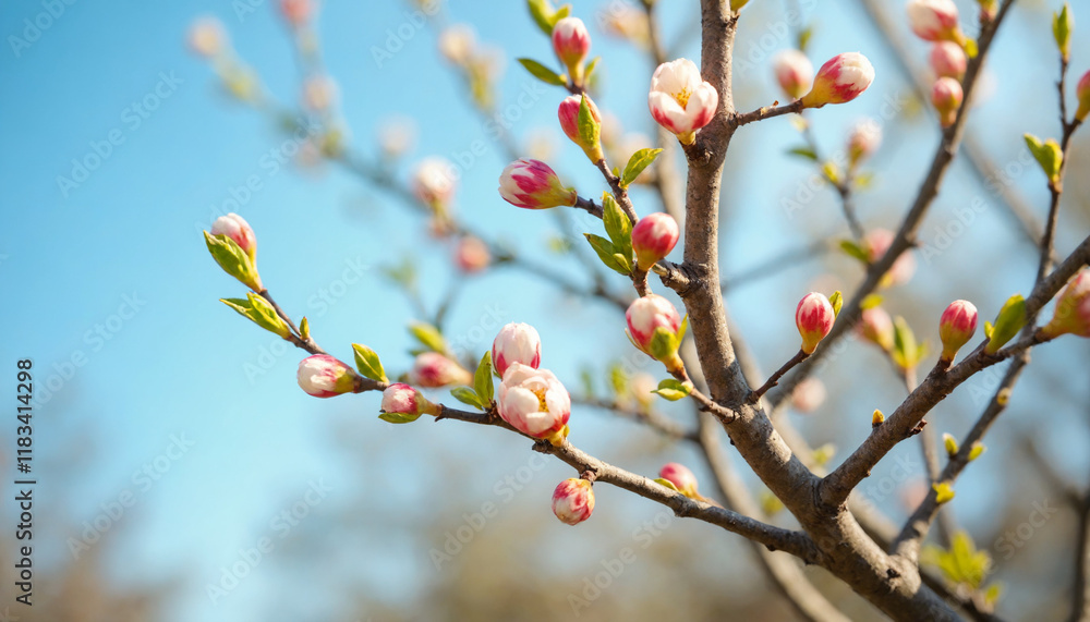 Tender spring blossoms against clear blue sky background with copy space Tender spring blossoms against clear blue sky background with copy space
