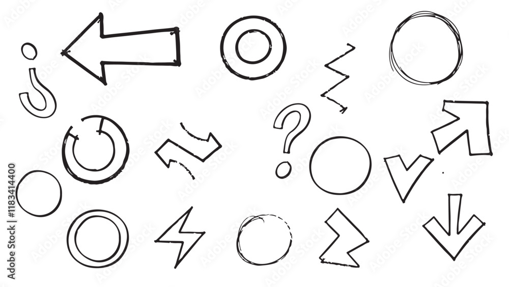 Pencil scribbles. Arrows, circles and mixed shapes Pencil scribbles. Arrows, circles and mixed shapes