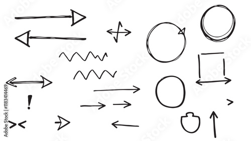 Pencil scribbles. Arrows, circles and mixed shapes.