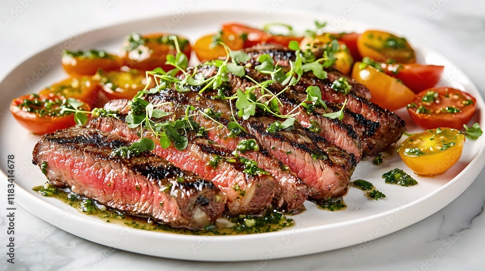 Grilled Steak Slices with Herb Sauce and Roasted Tomatoes Gourmet Dish Grilled Steak Slices with Herb Sauce and Roasted Tomatoes Gourmet Dish