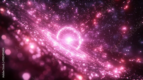 Digital concept of an atom, with radiant electrons orbiting a central nucleus, surrounded by light waves symbolizing the energy transitions within the atomic model