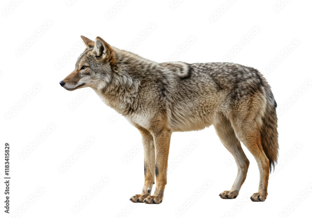 A lone coyote Canis latrans isolated on white background, no depth of field, sharp. A lone coyote Canis latrans isolated on white background, no depth of field, sharp.