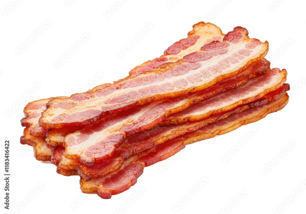 Crispy bacon strips, stacked aesthetically. The bacon exhibits a perfect balance of meat and fat isolated on white background Crispy bacon strips, stacked aesthetically. The bacon exhibits a perfect balance of meat and fat isolated on white background