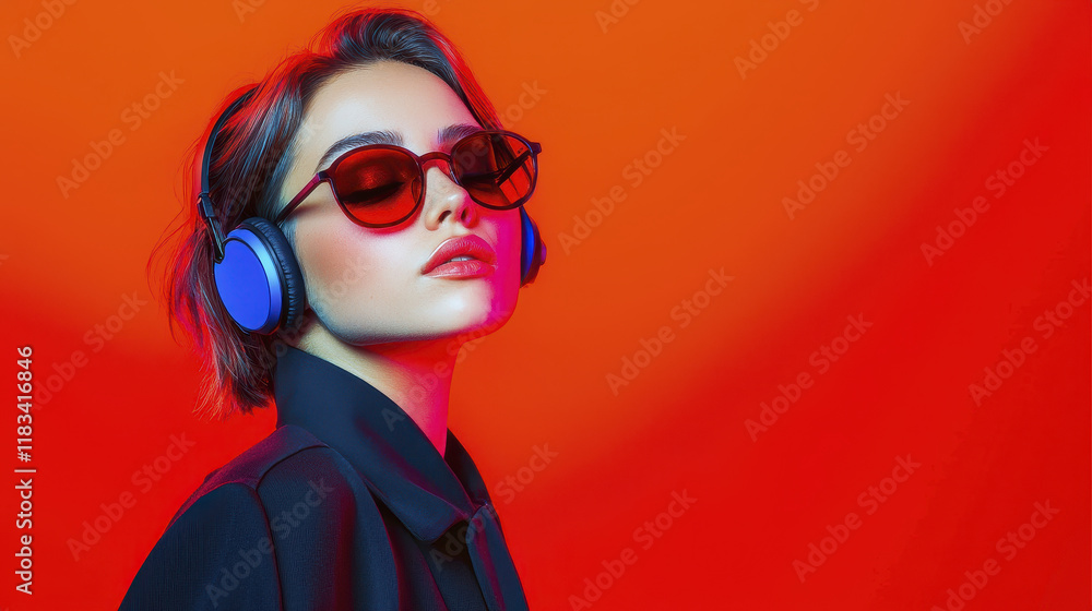 Stylish woman with headphones and sunglasses against vibrant background Stylish woman with headphones and sunglasses against vibrant background