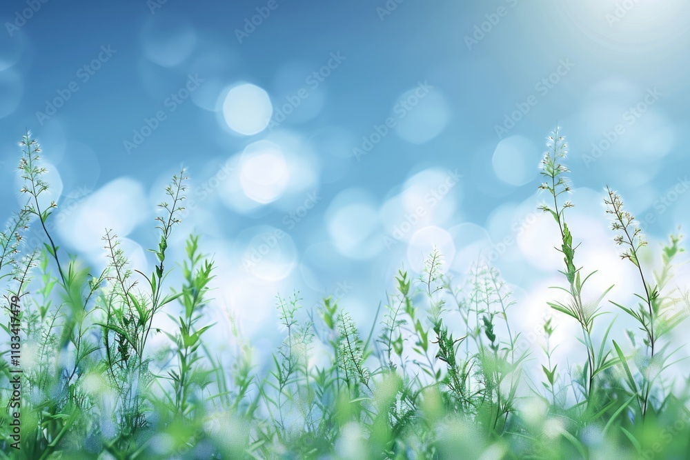 Obraz premium Spring or summer abstract nature background with grass and bokeh lights. Blue sky in the back