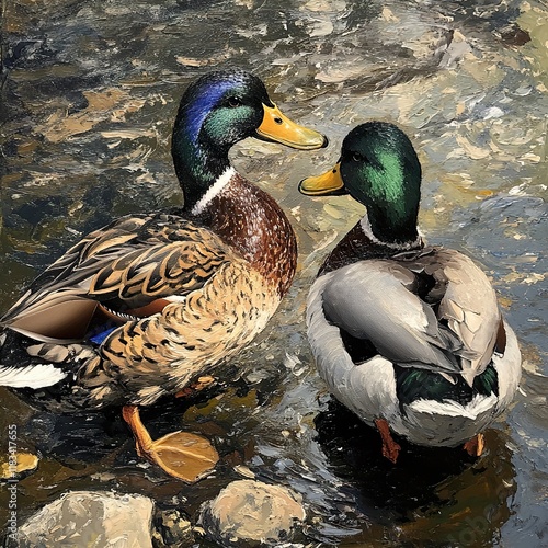 Majestic Mallard Ducks in a Tranquil Stream photo