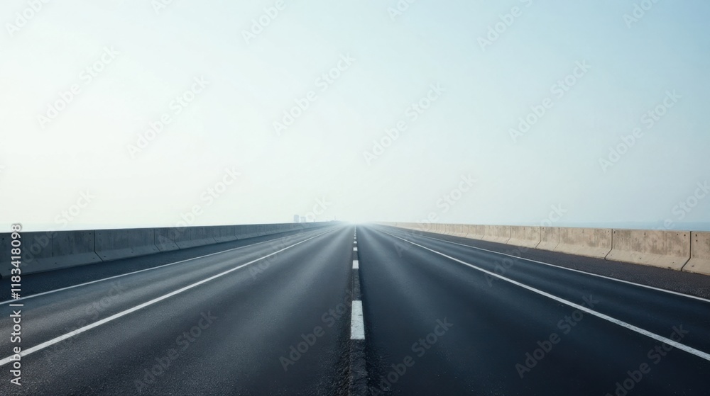 Asphalt Road Stretching to a Hazy Horizon with Concrete Barriers Asphalt Road Stretching to a Hazy Horizon with Concrete Barriers