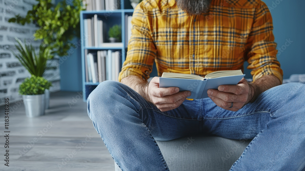 Reading book in cozy room, man in plaid shirt enjoys peaceful moment Reading book in cozy room, man in plaid shirt enjoys peaceful moment