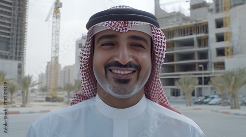 Smiling Arabian Man in Traditional Clothing against Construction Background photo