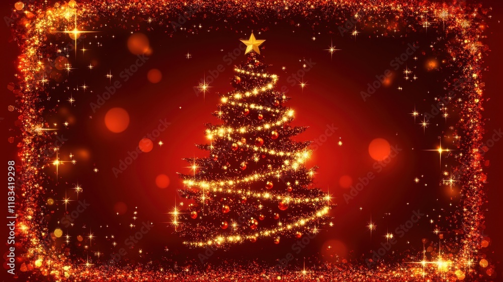 A beautifully decorated Christmas tree glowing with lights, framed by a red background with festive sparkle and bokeh. A beautifully decorated Christmas tree glowing with lights, framed by a red background with festive sparkle and bokeh.