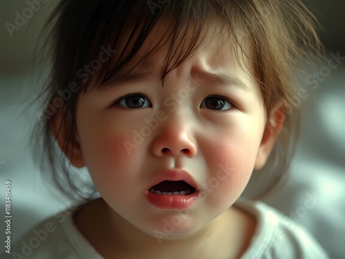 Close-up portrait of a young child with flushed cheeks, a worried expression, and mouth open, possibly indicating discomfort from a cold or flu. The image evokes feelings of concern and highlights the