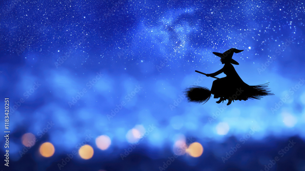 Naklejka premium whimsical witch silhouette flying on broomstick against starry night sky, evoking sense of magic and adventure
