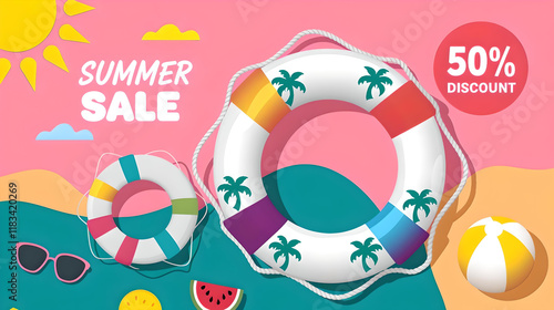 Two colorful life rings with palm tree designs on a vibrant pink background . The larger life ring is surrounded by smaller tropical-themed elements like watermelon slices . The text 