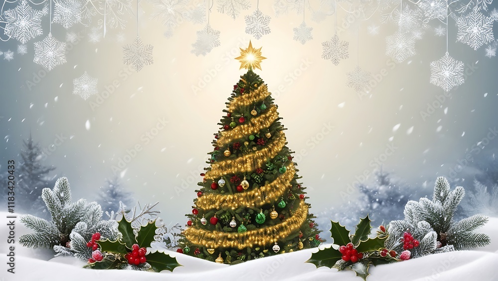 Obraz premium Snow-Covered Christmas Tree with Colorful Ornaments and Gift Boxes in a Winter Wonderland