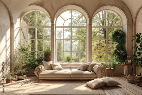 Modern Beige Living Room with Arch Window, Empty Interior and Copy Space photo