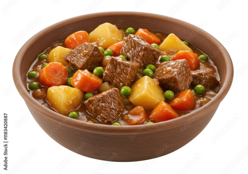 A bowl of chunky beef stew with vegetables isolated on white background, no depth of field, sharp. A bowl of chunky beef stew with vegetables isolated on white background, no depth of field, sharp.