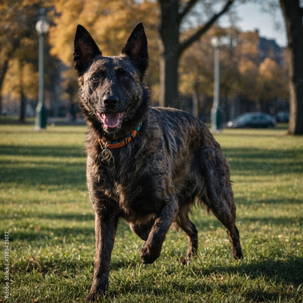 A vibrant Dutch shepherd with a brindle coat playing in a park. A vibrant Dutch shepherd with a brindle coat playing in a park.