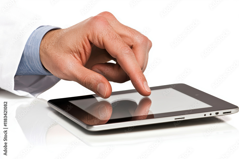 A hand operating a tablet device, showcasing interaction with technology in a clinical or professional setting. A hand operating a tablet device, showcasing interaction with technology in a clinical or professional setting.